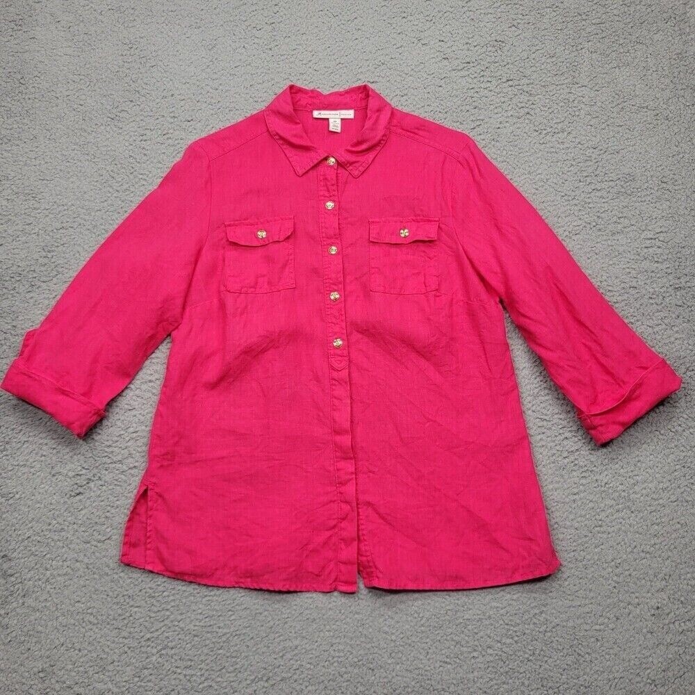 JM Collection Shirt Womens Petite 10P Pink Linen 3/4 Sleeve Button Up